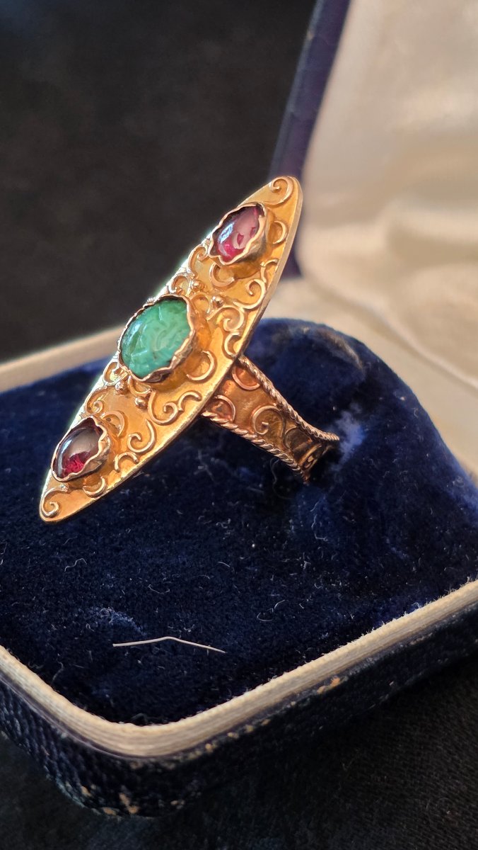18 K Gold Ring Marquise  With Garnet 20 Th Century -photo-2
