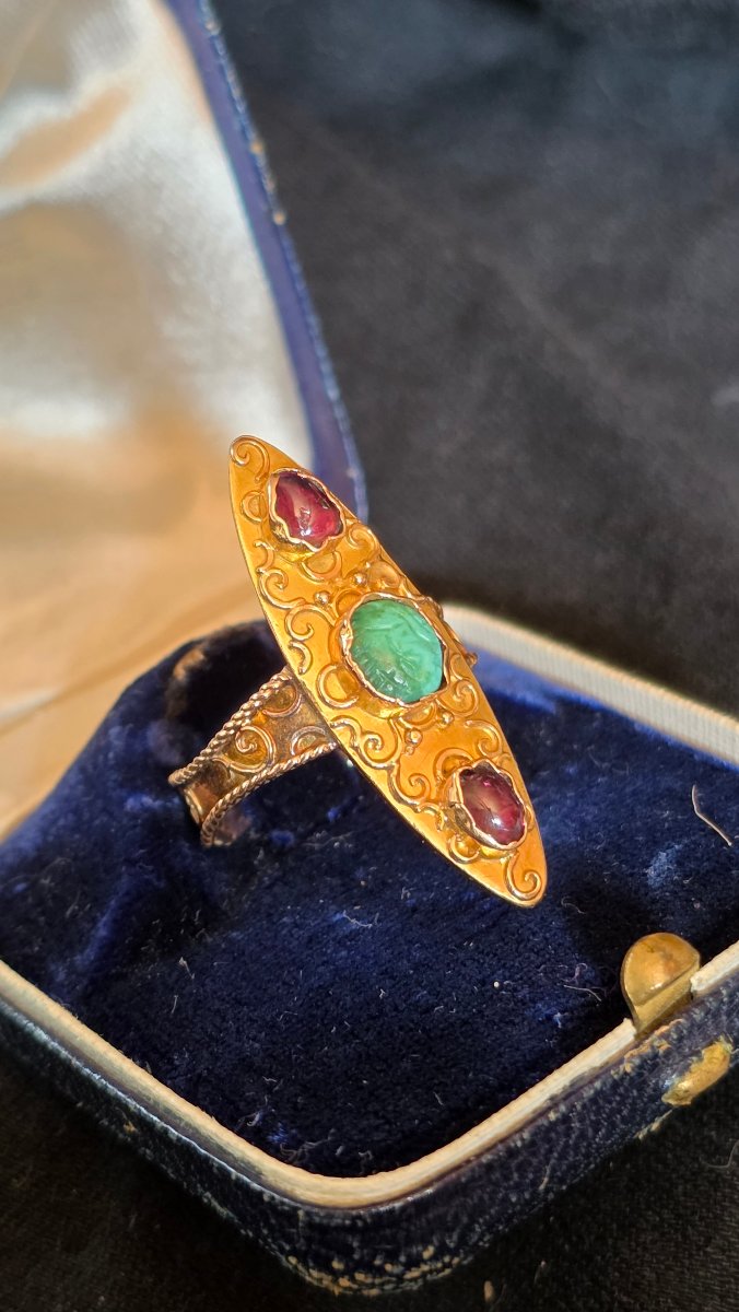 18 K Gold Ring Marquise  With Garnet 20 Th Century -photo-3