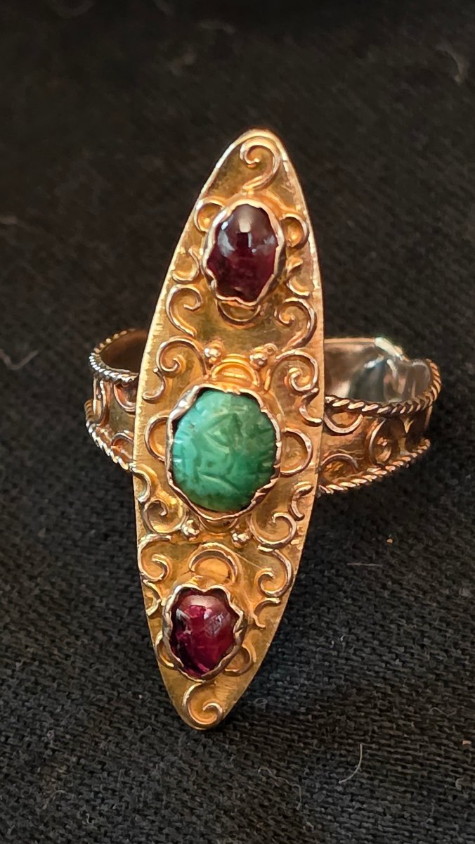 18 K Gold Ring Marquise  With Garnet 20 Th Century -photo-4