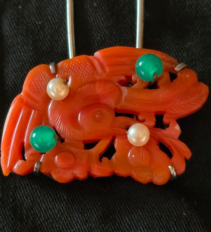 Épingle sertie d un oiseau en agate orange et chrysoprase -photo-2