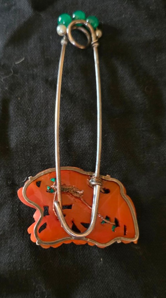 Épingle sertie d un oiseau en agate orange et chrysoprase -photo-3