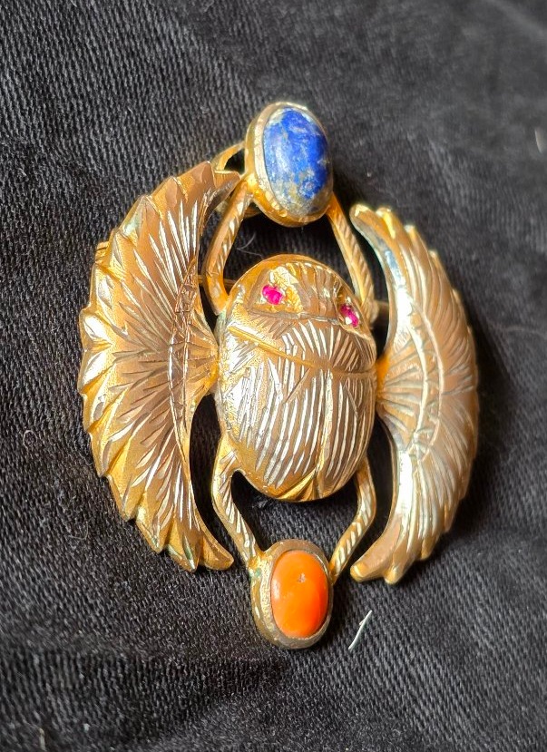 Pendentif  scarabee en argent, corail et lapis  -photo-1