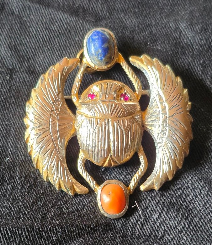 Pendentif  scarabee en argent, corail et lapis  -photo-2