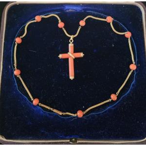 Gold Necklace With Pearls And Coral Cross 19 Eme Century