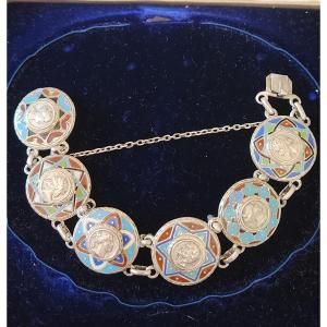 Enameled Silver Bracelet Set With Antique Portraits 19 Eme