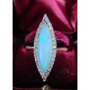 Bague Marquise En Or Opale Et Diamants 19 Eme Siecle
