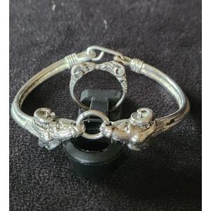 Ram's Head Ring And Bracelet Set In Silver