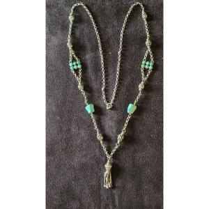 Long Necklace In Silver And Turquoise 19 Eme Century 