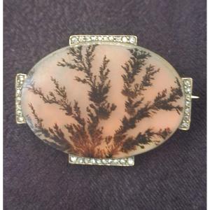 Broche En Or  Agate Dendritique Et Diamants 19 ème Siècle 