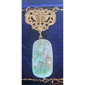 Collier Dragons Et Bouddha En Vermeil Et Jade 