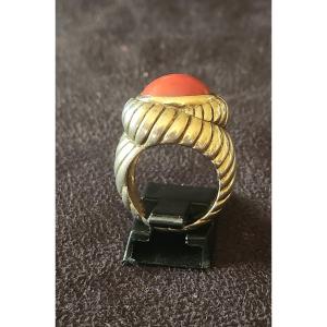 Bague En Vermeil Et Corail Rouge Art Deco