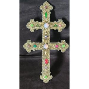 Grande Croix Orthodoxe En Cuivre Et Verroterie 19 Eme