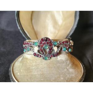 Bracelet En Argent, Grenat, Chrysoprase Et Email 19 ème Siècle 