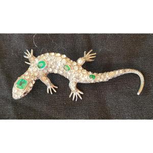 Art Deco Silver And Crystal Lizard Brooch