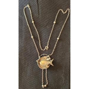 Collier en argent japonisant poisson dans un panier vers 1900