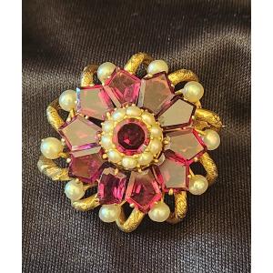 Broche en or , perles et grenats rose  19 ème siècle 