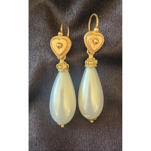 Paire de boucle d oreille cœur et perles 19 ème siècle 