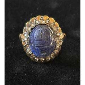 Bague scarabee en lapis lazuli , diamants et or 19 eme