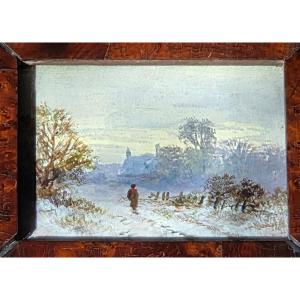 Miniature paysage enneige gouache fin 19 eme