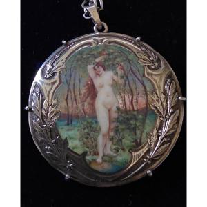 Enamelled Silver Pendant Of A Woman In A Clearing And Her Art Nouveau Sautoir Necklace