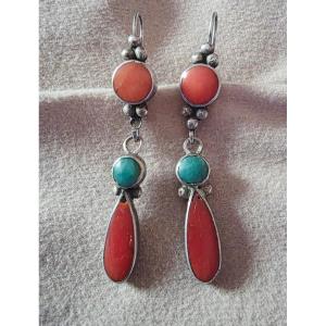 Paire boucke d oreille corail  et turquoise tibet debut 20 ème siècle 