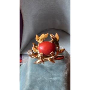 Bague couronne de feuilles or et corail