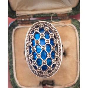 Silver Ring With Guilloché Enamel And Marcasite, 19th Century