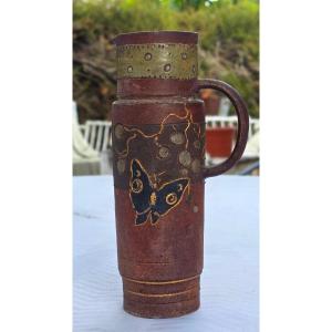 Ernest Chaplet: Glazed, Incised Stoneware Pitcher With Butterfly Design 
