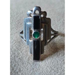 Bague d homme en argent ,onyx et chrysoprase art deco