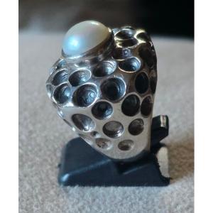 Bague en argent et demi perle 20 ème siècle