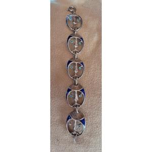 Bracelet "visages" en argent et email vers 1950