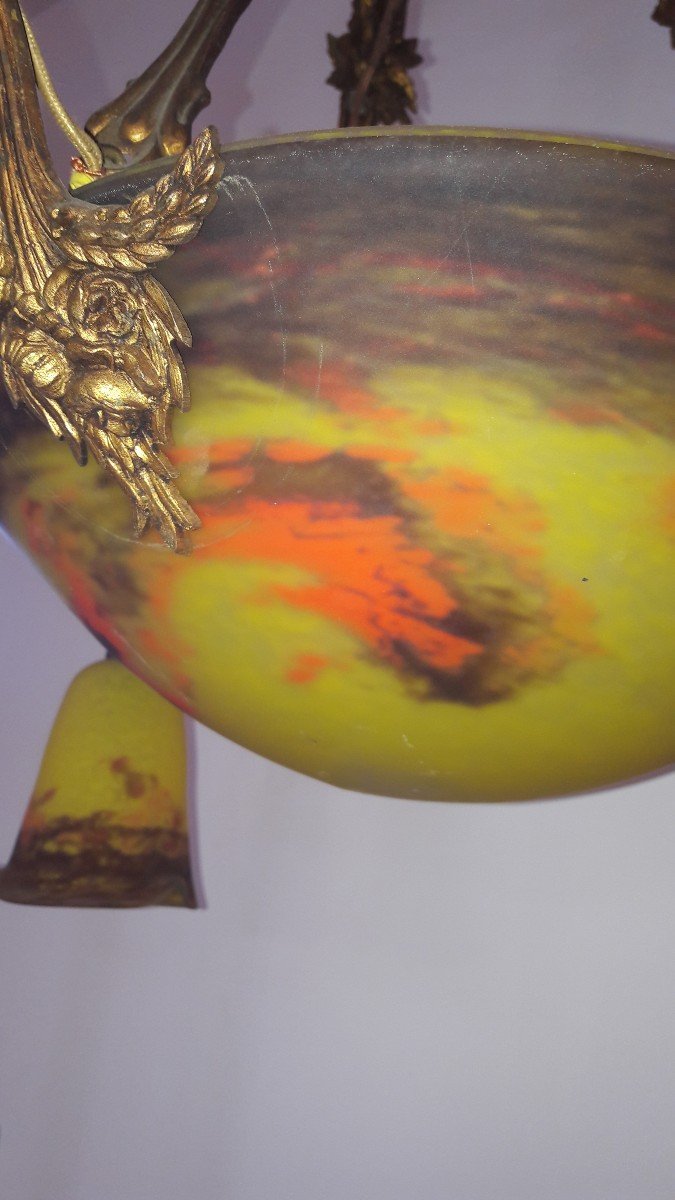 Lustre ancien Art Nouveau à 4 lumières – Tulipes en verre