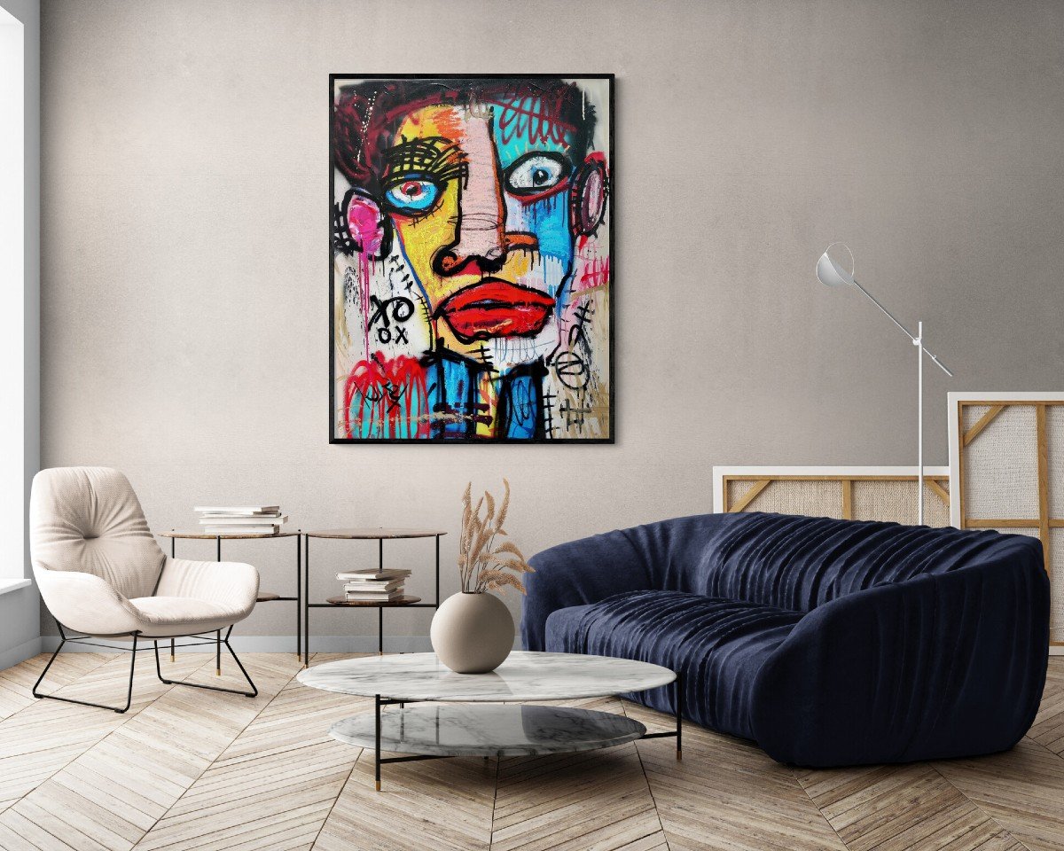 Tadas Zaicikas Portrait, Acrylic And Media On Canvas, Basquiat Style. -photo-3