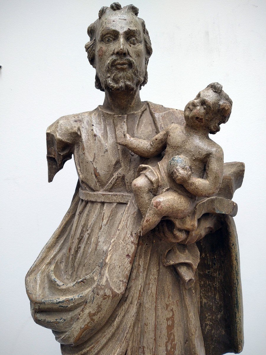Carved Wood Statue Of St Joseph And The Child Jesus, 18th Century, Grey Patinated-photo-1