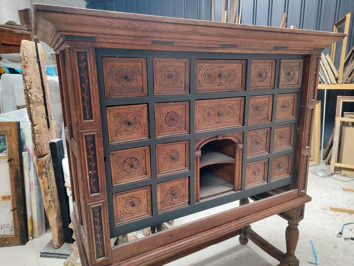 Flemish Cabinet With Several Light Oak Drawers And Ebony Inlay, Furniture Collection.-photo-2