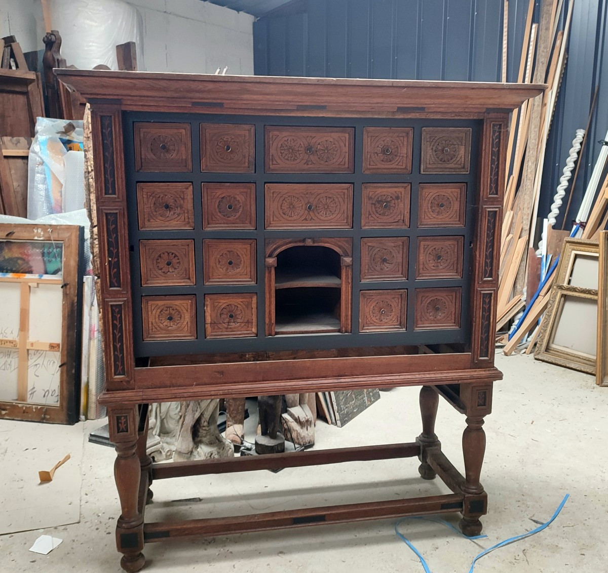 Flemish Cabinet With Several Light Oak Drawers And Ebony Inlay, Furniture Collection.