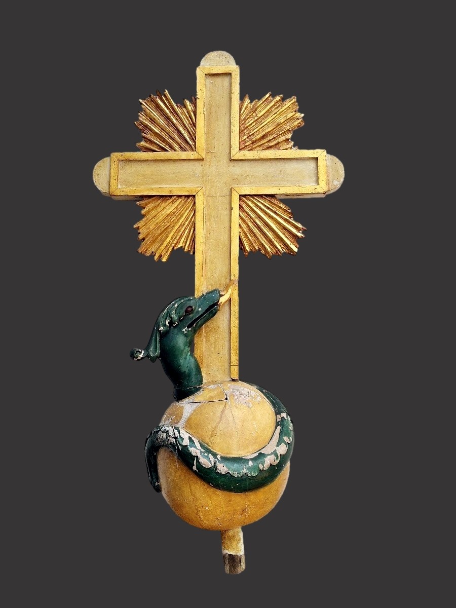 Grand élément d'Autel Croix Glorieuse Globe Serpent 18 Eme Siècle