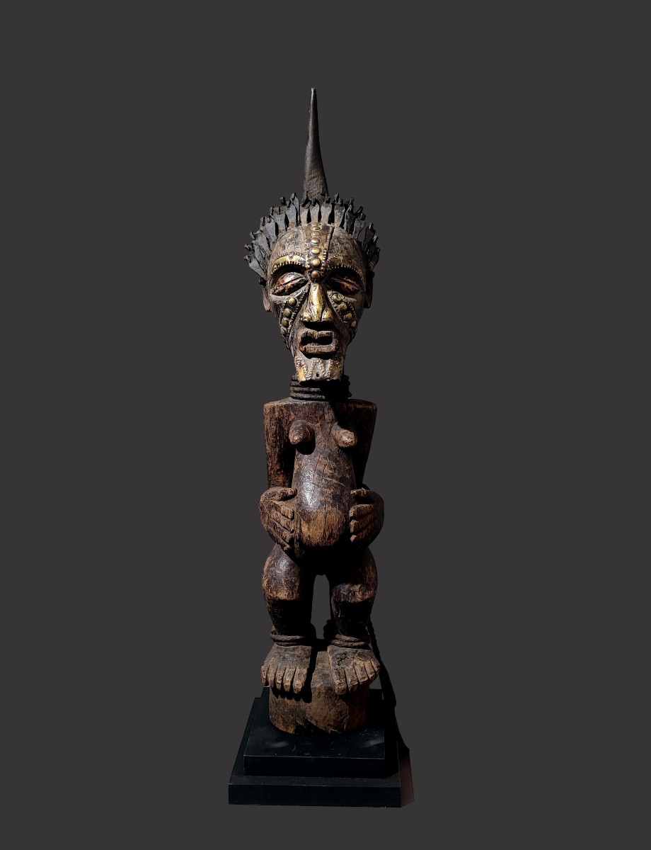 Songye Fetish Statue, Democratic Republic Of Congo, Nkisi Iron Horn, Drc