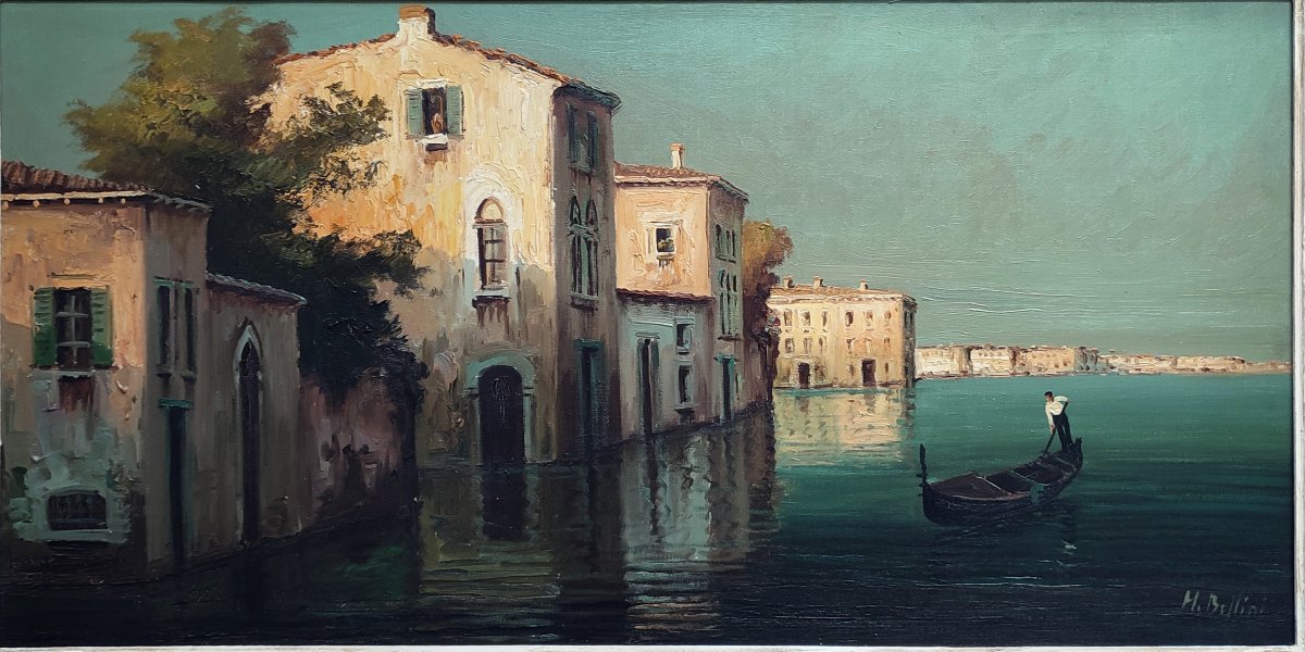 Grand tableau vue panoramique de Venise cadre Montparnasse signé H.Bellini -photo-2