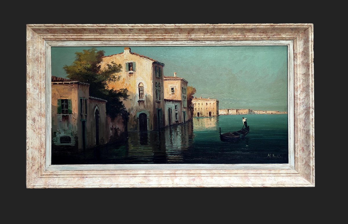 Grand tableau vue panoramique de Venise cadre Montparnasse signé H.Bellini 