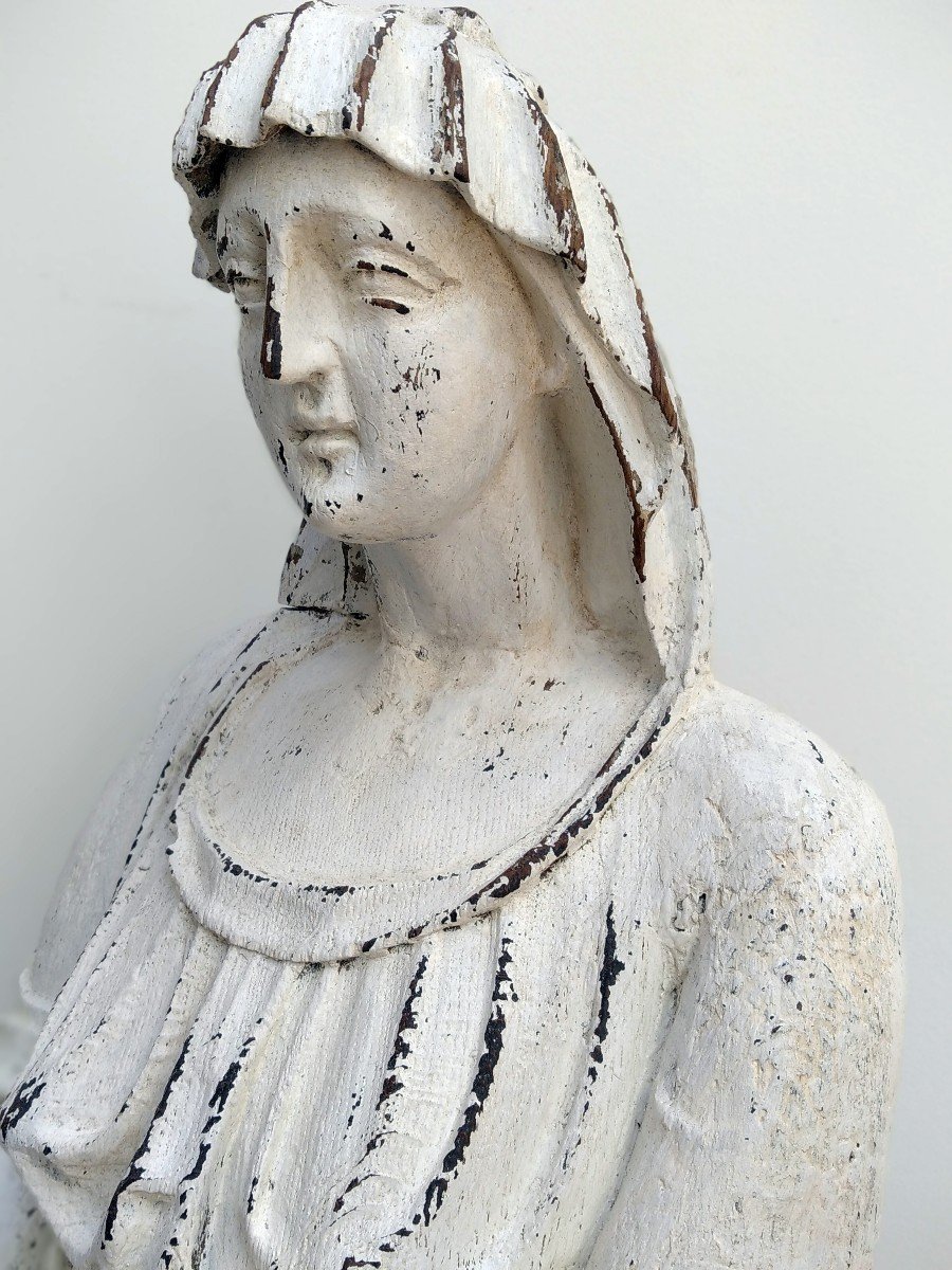 Grande Statue Vierge Ou Sainte Bois Sculpté 16/17 Eme Siécle-photo-3