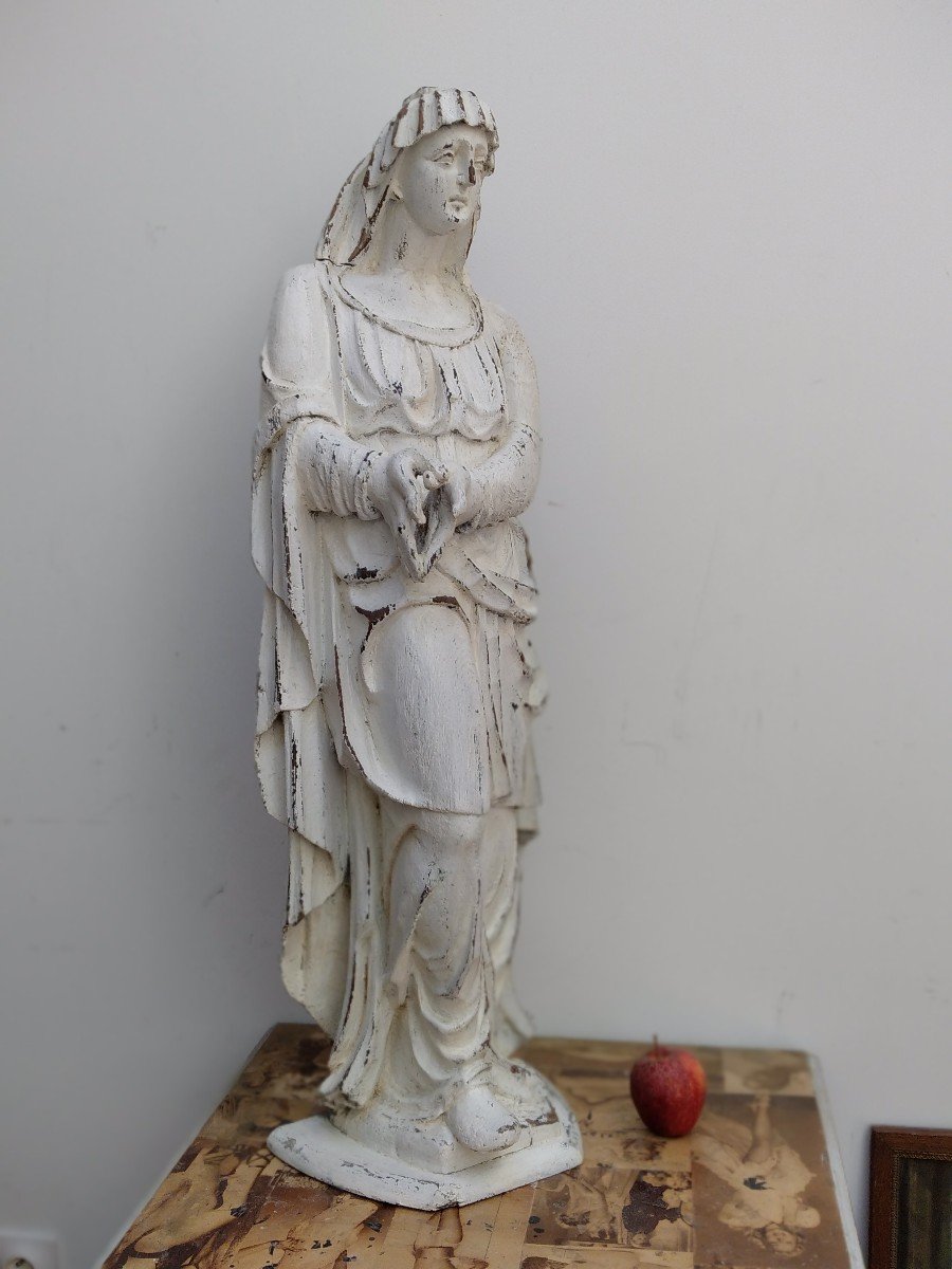 Large Virgin Or Holy Statue Carved Wood 16/17 Eme Century
