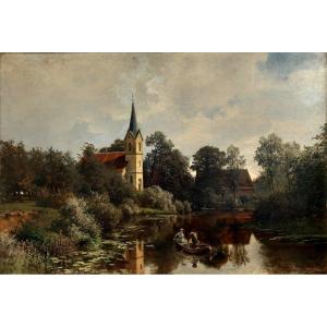 Romantic Landscape With Elegant By Heinrich Deiters 1883 Prussia Dusseldorf Germany