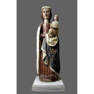 Large Statue Virgin And Child Jesus Polychrome Wood XVI Eme Century