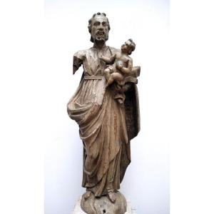 Statue St Joseph à l'Enfant Jésus Bois Sculpté 18 Siècle