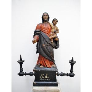 Statue St Joseph à l'Enfant Jésus Bois Sculpté 18 Siècle