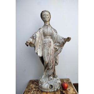 Large Virgin Statue, Folk Art From The Alps, Carved Wood 18 Century