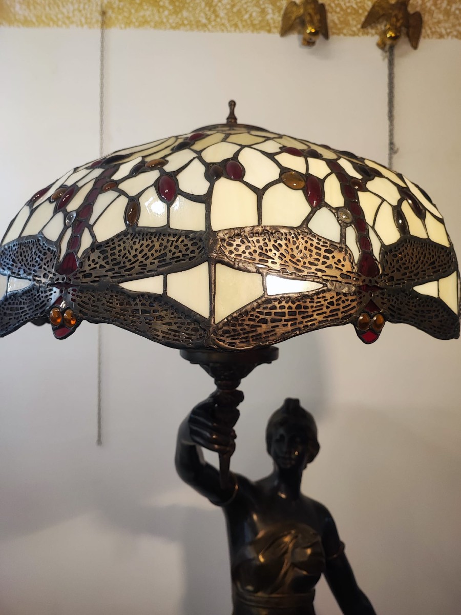 Sculpture en bronze avec lampe de style Tiffany-photo-2