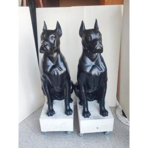 Pair Of Patinated Bronze Dogs