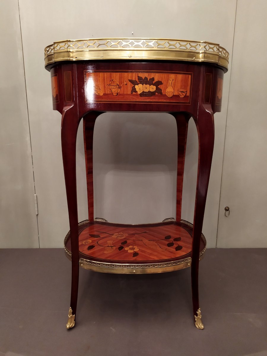 Beautiful Oval Table, Pedestal Table, In The Way Of Topino, Inlaid, Yellow Sienna Marble, France-photo-2